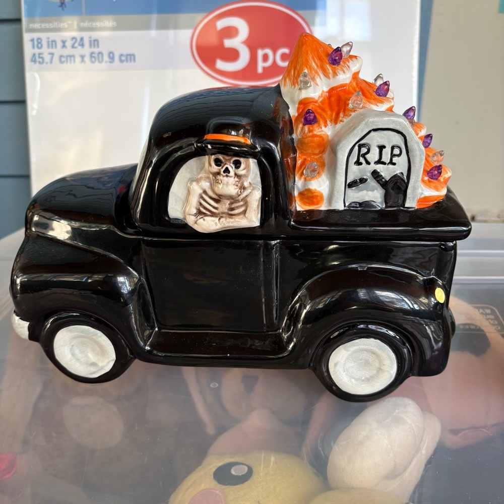 Black Light up Halloween / Christmas Truck Cookie Jar with Skeleton & Tombstone